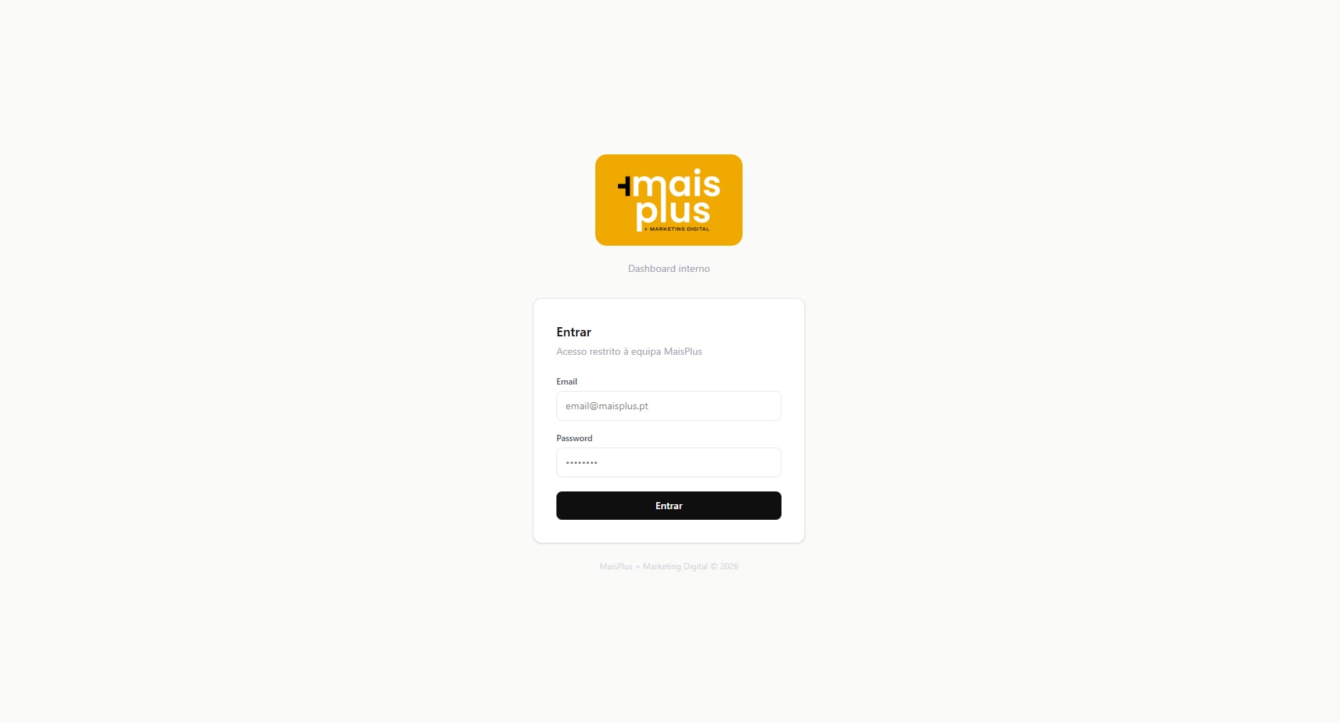 The MaisPlus dashboard login page, with the yellow MaisPlus logo above a clean white sign-in card labelled "Entrar" with email and password fields, on a light background.