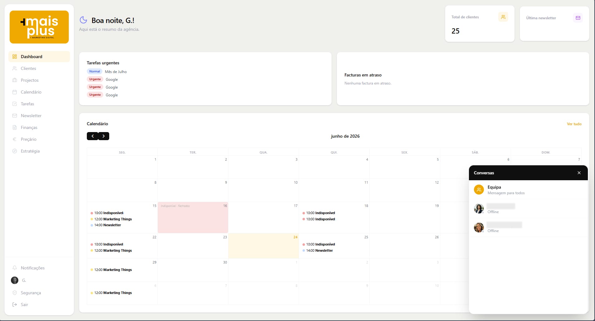 The dashboard homepage with a "Boa noite" greeting, a sidebar menu, cards for urgent tasks and overdue invoices, a June 2026 calendar of events, and an open team chat panel on the right.