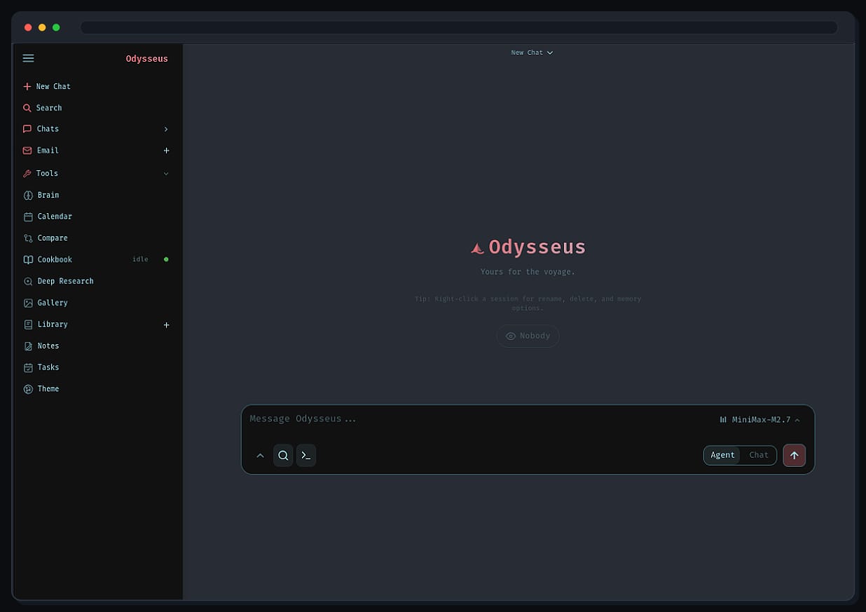 Screenshot of the Odysseus local AI application showing the dark sidebar with navigation options including Cookbook, Deep Research, and Calendar, the main chat area with the tagline "Yours for the voyage", and the message input bar at the bottom.