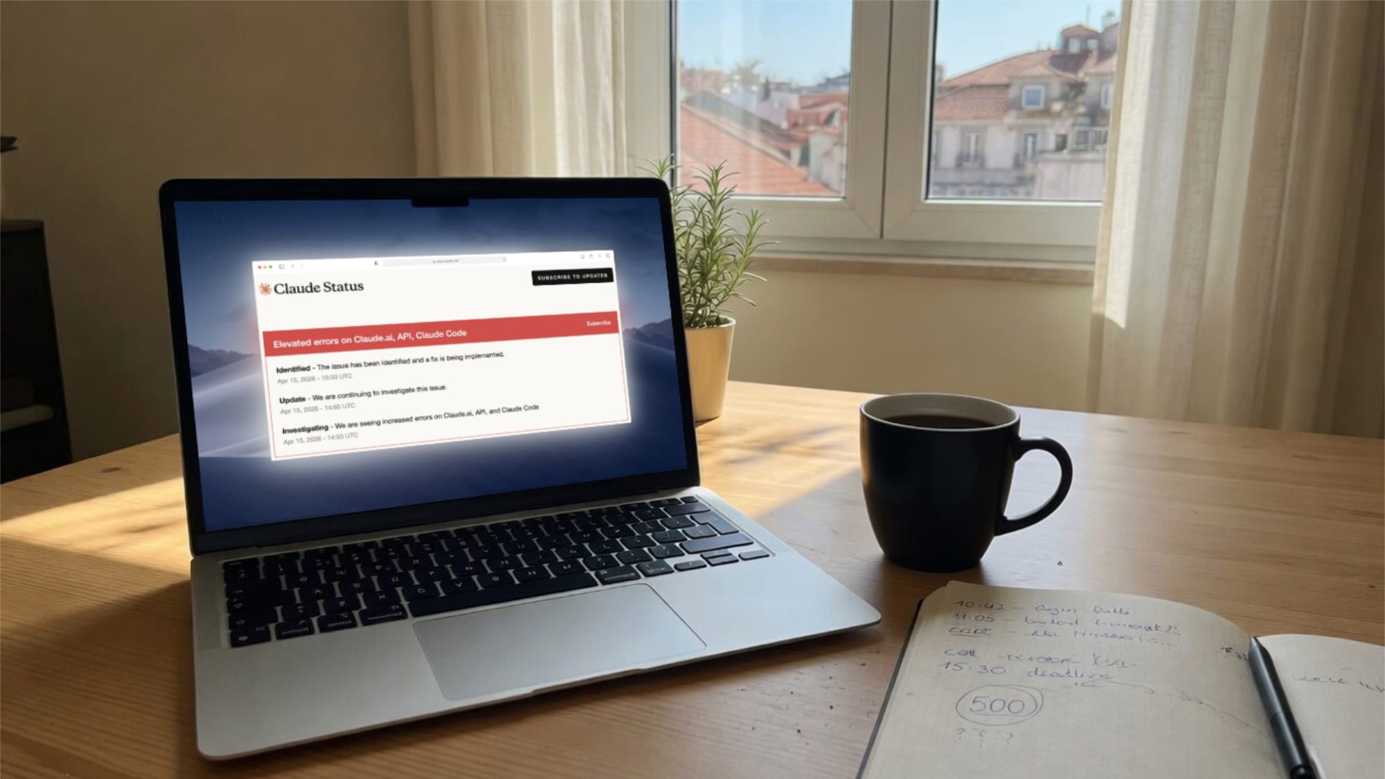 Laptop on a desk displaying a 500 error during a Webflow outage, capturing the moment cloud services stall client work.