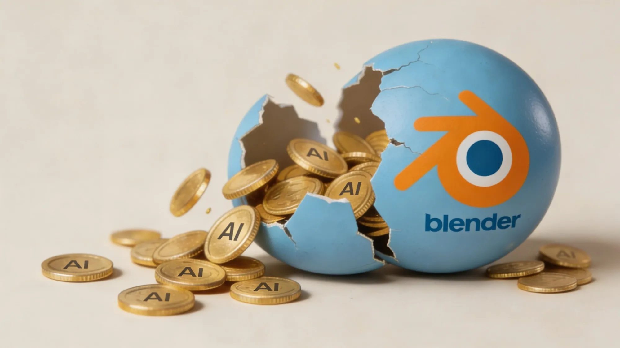 A cracked sphere bearing the Blender logo, split open with gold coins stamped with "AI" spilling out onto a light surface.