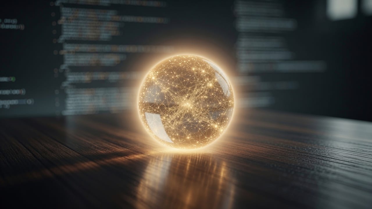 A glowing golden sphere containing a neural network rests on a dark wooden desk with blurred code in the background.