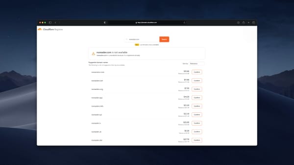Cloudflare Registrar domain search showing an unavailable result, with a list of alternative TLD suggestions, on a dark macOS desktop.