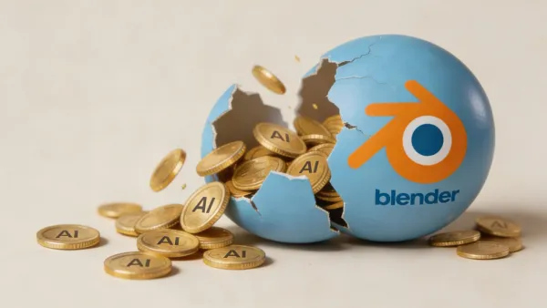 A cracked sphere bearing the Blender logo, split open with gold coins stamped with "AI" spilling out onto a light surface.