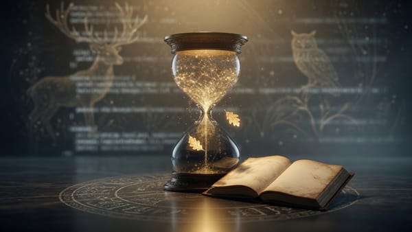 A glowing hourglass on a dark desk, golden light draining through it as oak leaves fall, an open antique book beside it and faint stag and owl shapes in the background among blurred code.