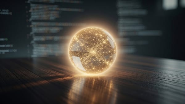 A glowing golden sphere containing a neural network rests on a dark wooden desk with blurred code in the background.