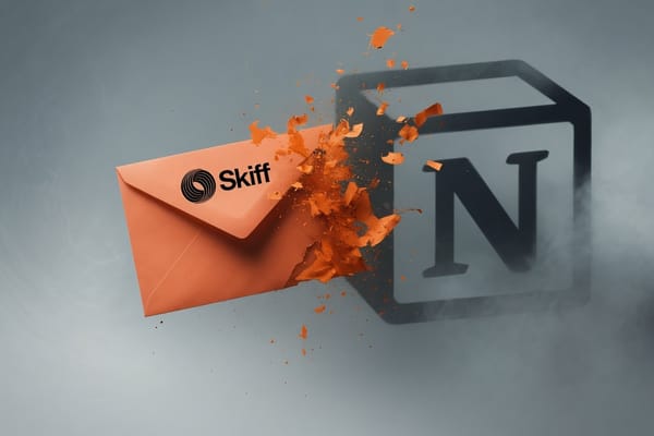 An orange Skiff envelope dissolving into fragments in front of a large dark Notion logo, against a soft grey background.