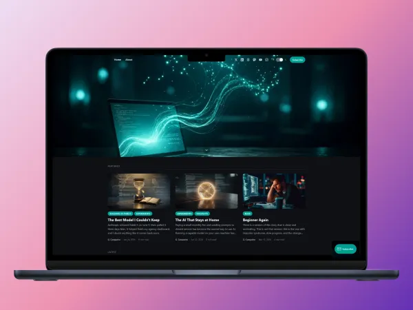 Laptop showing the live Modus theme in dark mode on gcasqueiro.com