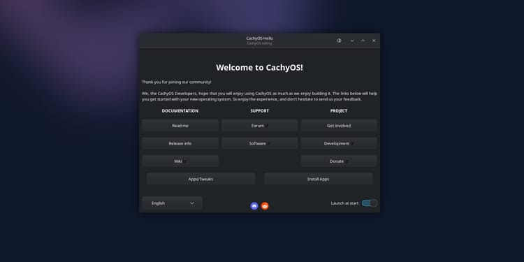 CachyOS Hello welcome screen showing documentation links, community support options, and system setup tools on first boot
