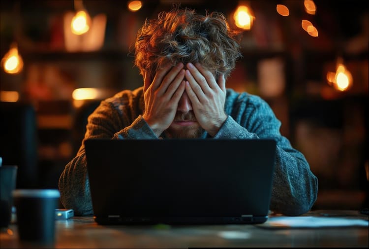 A developer sitting at a laptop late at night, hands covering his face, surrounded by warm bokeh lights. The universal posture of a brain that's had enough for one day.