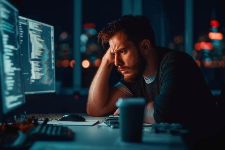 A developer sitting at a desk late at night, head resting on one hand, staring at a monitor filled with code with a frustrated expression.