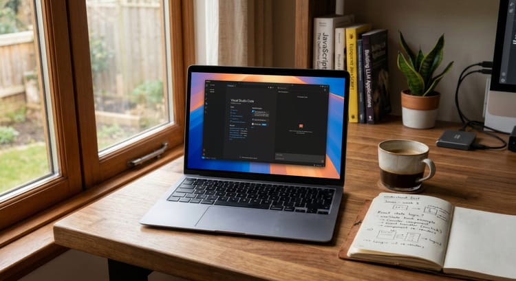 Quiet workspace desk with MacBook displaying VS Code, handwritten React notes in a notebook, coffee mug, and natural light from the window.