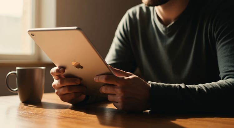 Man holding an ipad at a wooden desk during his morning reading routine. A coffee mug beside him, warm light through a window. Only hands and torso visible.