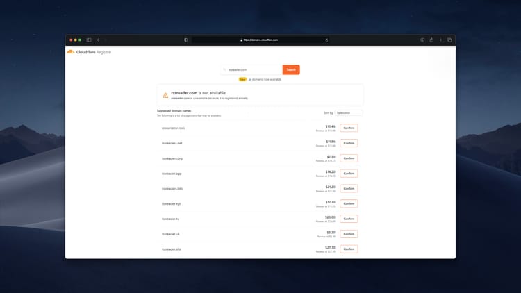 Cloudflare Registrar domain search showing an unavailable result, with a list of alternative TLD suggestions, on a dark macOS desktop.