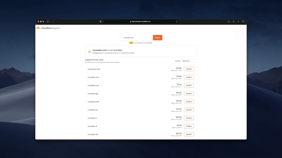 Cloudflare Registrar domain search showing an unavailable result, with a list of alternative TLD suggestions, on a dark macOS desktop.