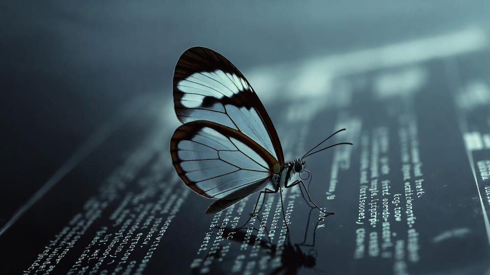 A glasswing butterfly rests on a dark surface covered in glowing code, moody blue-grey cinematic lighting.